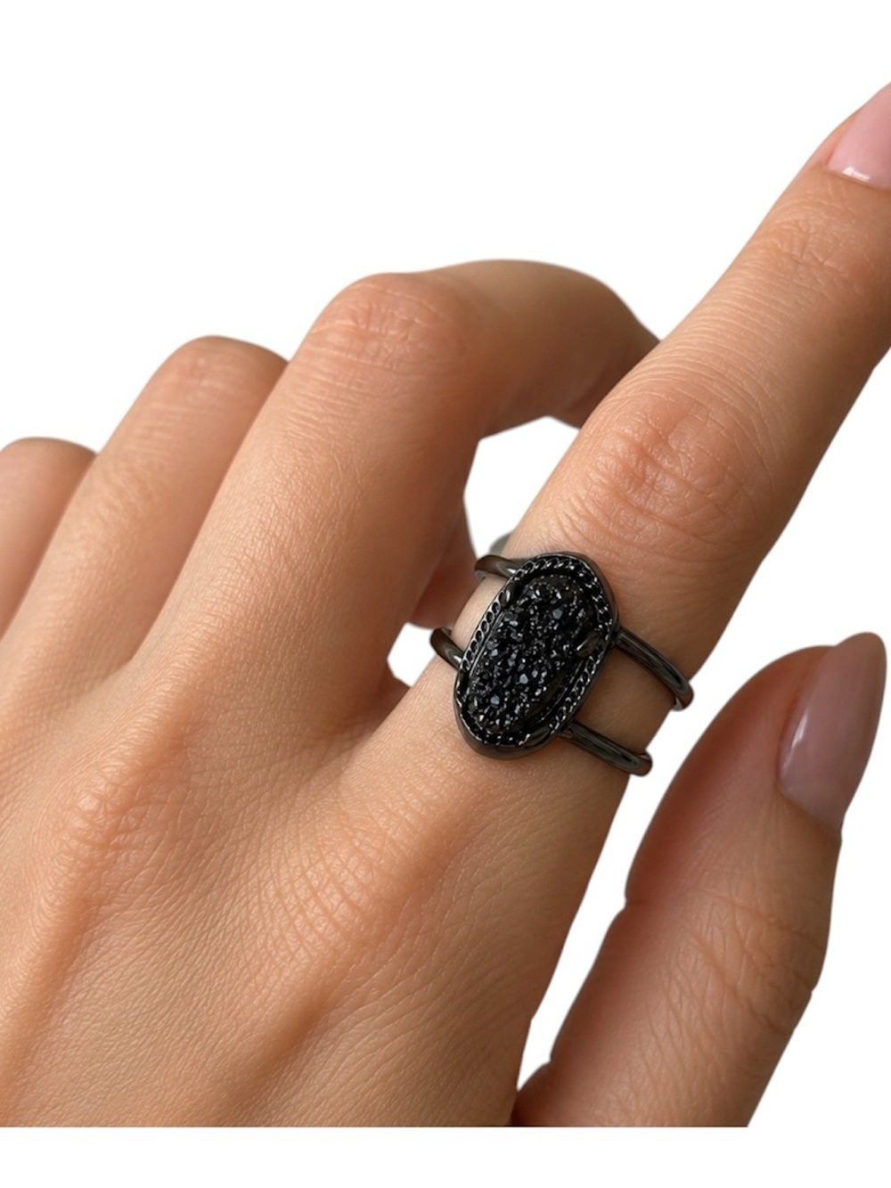 Kendra Scott Elyse Gunmetal Double Band Statement Oval Ring Black Drusy Size: 8